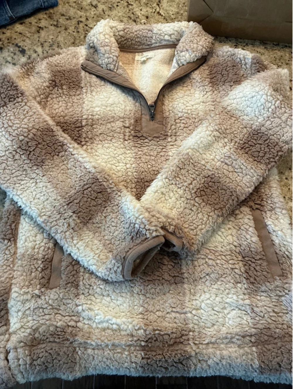 Maurices Women's XS Beige and Brown Plaid Sherpa Pullover Fleece Sweatshirt
